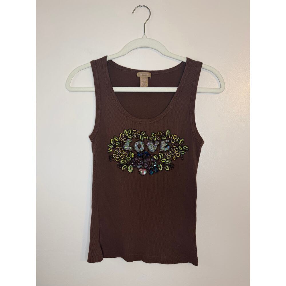 Vintage Y2K Gadzooks Beaded LOVE Tank Brown Large Indie Fairy Grunge Whimsigoth